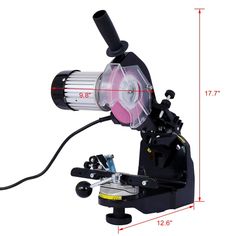 an image of a microscope on a stand with measurements for the lens and attachments