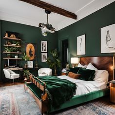 a bedroom with green walls and furniture