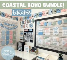 a bulletin board and desk with the words coastal boho bundle on it