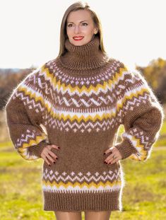 Brand: SuperTanya; Style: hand knitted mohair sweater; Material: premium class mohair; Color: Brown, yellow and white; Design: Icelandic pattern mohair sweater; Size & Measurements of the sweater: Size L / XL Body length, measured from the shoulder top to the bottom end: 29.5" / 75 cm; Chest width, measured at the back, between the underarms: 23.6" / 60 cm; Sleeve length, measured from the neckline to the end of the cuff: 29.5" / 75 cm Turtleneck length: 13.8 inches / 35 cm CODE1250 *All measure Fitted Brown Acrylic Sweater, Cozy Knitted Brown Turtleneck, Cozy Brown Knitted Turtleneck, Cozy Brown Mohair Sweater, Hand Knitted Brown Winter Knitting Pattern, Brown Mohair Knitted Sweater, Handmade Brown Sweater For Fall, Handmade Brown Sweater With Long Sleeves, Handmade Winter Knitting Pattern In Yellow