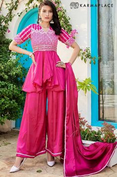 Buy Pink Cotton Embroidery Work Sharara Suit Set Sharara Suit Designs, Indian Dresses For Women, Indian Kurti, Celebrity Gowns, Palazzo Suit, Sharara Suit, Patiala Salwar, Punjabi Salwar Suits