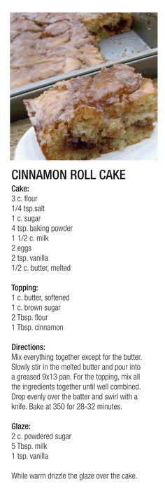 the recipe for cinnamon roll cake is shown in an advertisement above it's description