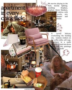 a collage of photos with furniture, books and pictures on it including a woman in bed