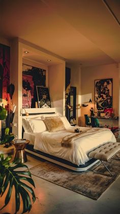 a bed sitting in the middle of a living room next to a plant on top of a rug