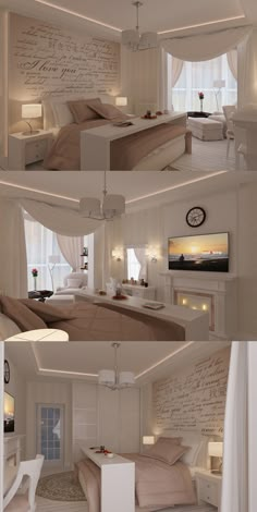 two pictures of a bedroom with white walls and furniture