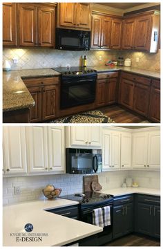 before and after pictures of a kitchen remodel with white cabinets, black appliances, and wood flooring