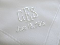 "Mens cotton handkerchief personalized with 3-initial monogram & date. If you would like to add the title below the monogram, here is a listing for that: https://www.etsy.com/listing/229686159/father-of-the-bride-dads-wedding?ref=shop_home_active_36&pro=1&frs=1 What a special handkerchief for the Father of the Bride, Father of the Groom, Groom. Handkerchief Size: Approx. 17\"x17\" 100% Cotton Color of Handkerchief shown: white Color of Monogram shown in picture: white Please include Classic Handkerchiefs With Initials For Wedding Gift, Classic Monogram Handkerchiefs For Wedding Gift, Classic Personalized Handkerchiefs For Anniversary, Groom Handkerchief, Father Of The Groom, Anniversary Present, Father Of The Bride, The Father, The Groom