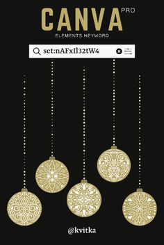 three gold ornaments hanging from chains with the words canva on it in black and white