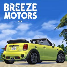 a small yellow car parked in front of a blue sky with the words breeze motors on it