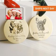 two personalized christmas ornament with an image of a dog on one side