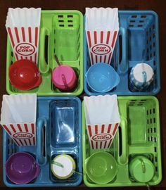 plastic trays filled with different types of food items and containers on top of each other