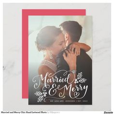 a wedding photo card with the words married and merry on it, in white lettering