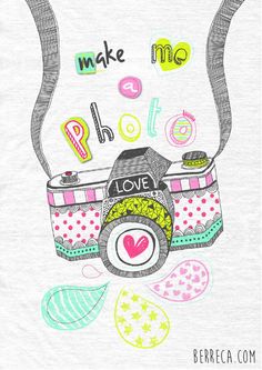 a drawing of a camera with the words make me do it love in different colors