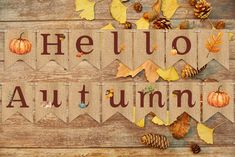 the words hello autumn are made out of burlucks and leaves on a wooden background