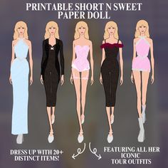 Receive a digital PDF copy of the hand-drawn Short n Sweet outfits to dress your favorite artist in a paper doll! There are over 50 pieces to print and cut out to play with! (Not all pieces are pictured, but they are still included!) *Any new outfits added to the tour will be provided for free for previous buyers on ask* Recommended: print on cardstock paper or thicker for best results! Includes: - 8 Color Baby Bodysuits - 8 Matching Chiffon Covers - Sparkle Sandals - 8 Bodysuit Variations ( + 8 Paper Doll Printable, Sweet Outfits, Sparkle Sandals, Sweet Paper, Paper Dolls Printable, Neue Outfits, Favorite Artist, Paper Doll, Matching Dresses