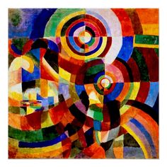 an abstract painting with multiple colors and shapes in the center, including circles and lines