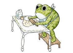 a cartoon frog is sitting at a table and making something out of paper on top of it