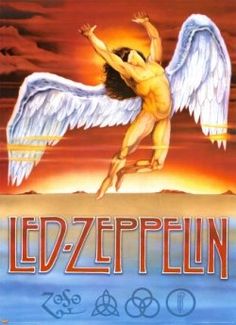 an advertisement for led - zeppflin in front of a red sky and clouds