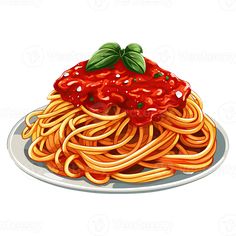 a plate of spaghetti with sauce and basil leaves on top, ready to be eaten