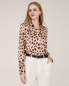 Type: Women's Silk Shirt.Material: 19 Momme Luxury Mulberry Silk Features: Designed Long Sleeves, Regular Fit. - Fierce Sophistication: The timeless leopard print design adds an element of wild elegance to your wardrobe, making you stand out in style. - Silky Smooth Comfort: Crafted from premium silk, this blouse feels sumptuously soft against your skin, ensuring all-day comfort. - Versatile Style: Dress it up for a night out on the town or pair it with your favorite jeans for a casually chic da Womens Silk Shirts, Silk Shirt Blouses, Casually Chic, Printed Silk Shirt, Leopard Print Blouse, Shirt For Women, Silk Shirt, Versatile Style, Mulberry Silk