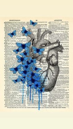 a blue heart and butterflies on an old book page with water dripping from the pages