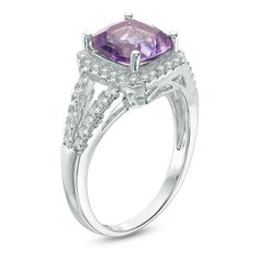 Gleaming with brilliance, this sensational gemstone ring is a striking choice. Crafted in sleek sterling silver, this spellbinding design features an 8.0mm cushion-shaped bright purple amethyst wrapped in a complementary frame of shimmering white topaz. Ribbons of white topaz complete the ring's graceful split shank. Polished to a bright shine, this magnificent ring affords her undeniable glamour. Custom-made to fit her ring size. Sterling silver rings cannot be resized after purchase. Her Ring, Split Shank Ring, Bright Purple, Split Shank, White Topaz, Cushion Cut, Purple Amethyst, Gemstone Ring, Topaz