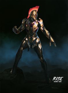 an iron man standing on top of a rock in the dark with his arms outstretched