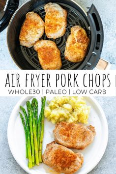 air fryer pork chops with potatoes and asparagus on the side, in an air fryer