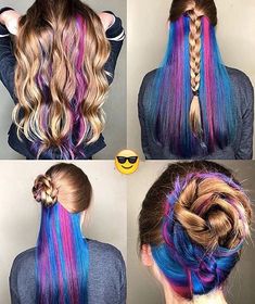 Hidden Color Hair Peekaboo Highlights, Undercolor Hair Ideas, Hidden Highlights, Undercolor Hair, Under Hair Color, Hair Underlights, Hidden Rainbow Hair, Hair Lights