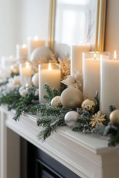 15 Chic Christmas Mantle Decor Ideas For Cozy Fireplaces Fireplace Christmas Decorations Simple, Classy Christmas Home Decor, Mantle Candlesticks Decorating Ideas, Simple Christmas Fireplace Mantels, Christmas Mantle Decor Simple, Christmas Decor Ideas White And Gold, White Fireplace Christmas Decor, Classy Christmas Decor Living Rooms, White Christmas Mantle Decor