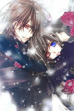 two anime characters hugging each other in front of snowflakes and roses on the ground