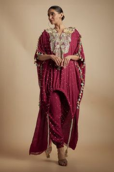 Maroon high low kurta with mukaish embroidery, elevated with floral, geometric hand embroidery and multi color tassels. Paired with coordinating pant. - Aza Fashions Geometric Hand Embroidery, Mukaish Embroidery, High Low Kurta, Radhika Madan, Rhea Kapoor, Payal Singhal, Jayanti Reddy, Mira Rajput, Sanya Malhotra