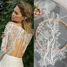 the back of a bride's wedding dress, with an embroidered tree on it