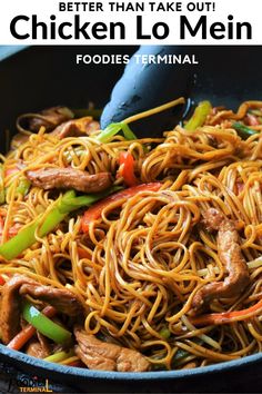 chicken lo mein in a skillet with text overlay