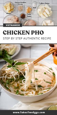 chicken pho recipe in a white bowl with chopsticks and ingredients on the side