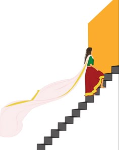 a woman in a red dress is walking up the stairs