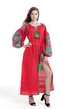 "Embroidered belted dress \"Life tree\" maxi red with floral multycolour pattern. Long balloon-sleeves. Machine satin stitched silk embroidery in green colour. With tassels. 100% linen Boho-dress is the style of independent and special girls and women. It combines an incredible mix of hippie, western, country, ethnic and romantic and dreaminess as well. Boho-dresses mean lightness and femininity, lack of clear lines and strict rules, they always look stylish, attractive and gorgeous. The hallmar White Embroidered Shirt, Elegant Red Dress, Life Tree, Custom Dress, Red Dress Maxi, Folk Fashion, Dress Gift, Floor Length Dresses, Dress Maxi