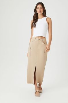 Twill Cargo Maxi Skirt | Forever 21 Forever 21 Midi Skirt, Front Pocket Design, Utility Skirt, Denim Sweater, High Waist Fashion, Cargo Skirt, Denim Midi Skirt, Tee Dress, Sweater Blouse