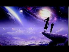 two people standing on top of a cliff looking at the stars and planets in the sky