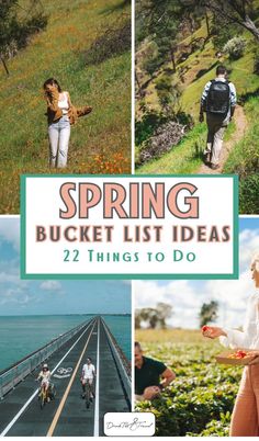 the cover of spring bucket list ideas, featuring photos of people walking and riding bikes