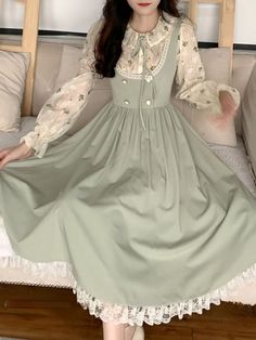 update.23.08Note: The size of the product is measured by hand, and the presence of an error of 1-3cm belongs to the normal range and is not used as a standard for return Green TopS Bust 82cm Shoulder 34cm Length 49cm Waist 62CMSleeve 59cmM Bust 86cm Shoulder 35cm Length 49cm Waist 66CMSleeve 59cmL Bust 90cm Shoulder 36cm Length 50cm Waist 70CMSleeve 60cmXL Bust 94cm Shoulder 37cm Length 50cm Waist 74CMSleeve 60cmVintage DressS Bust 80cm Shoulder 32cm Length 106cm Waist 62cmM Bust 84cm Shoulder 3 Kawaii Fairy, Romantic Academia, Dresses Ladies, Kawaii Dress, Vestidos Vintage, Midi Dress Party, Fairy Dress, Lace Fashion, Lace Midi Dress