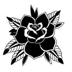 a black and white rose with leaves on it