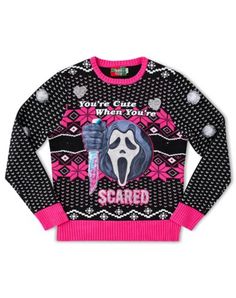 In December, we wear pink. This officially licensed Light-Up Ghost Face Christmas Sweater is your ultimate holiday statement piece. Adorned with silver pom-poms, bedazzled hearts, a rhinestone Ghost Face, and a 3D plastic knife filled with pink star glitter, it's the perfect blend of spooky and festive flair. Officially licensed Crewneck Pullover style Long sleeves Audio: Plays slasher sounds Batteries Required: 2 AA batteries (NOT included) Length: About 26.5" from shoulder to hem Material: Cot Ghost Face Christmas, Plastic Knife, Foxy And Mangle, Pink Ghost, Fun World, Ghost Face, Pink Star, Ghost Faces, Fnaf Art