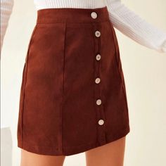 Rust Brown Waist Is About 26-27 Buttons Can Be Undone More A Straight Slim Material Casual Brown Skirt With Buttons, Trendy Brown Mini Skirt With Buttons, Casual Brown Buttoned Mini Skirt, Brown Buttoned Casual Mini Skirt, Casual Brown Mini Skirt With Buttons, Pinafore Skirt, Shein Skirts, Frilly Skirt, Mini Pleated Skirt