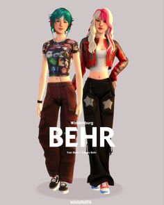 two young women standing next to each other in front of a gray background with the words behr on it