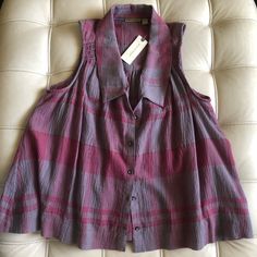 Fun Top With Metallic Stripe Accents, Wear With Jeans Or Pencil Skirt, Nwt Purple Cotton Sleeveless Blouse, Sleeveless Purple Cotton Blouse, Chic Purple Cotton Blouse, Casual Sleeveless Purple Blouse, Casual Purple Sleeveless Blouse, Purple Plaid, Nice Tops, Pink Purple, Pencil Skirt