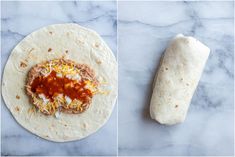 two images showing how to make tortillas with cheese and sauce on them, one has a burrito in the middle