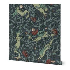 a blue and green wallpaper with mermaids in the water, on a dark background