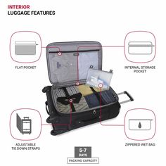 Rolling Suitcase: Get through a crowded airport easily with this stylish check-in luggage with 360-degree multi-directional spinner wheels and a locking retractable push/pull handle | Multiple Front Panel Pockets: Featuring front pockets with a built-in ID tag, this ergonomically expandable luggage measures 26.25 x 16.75 x 11 inches including wheels and handles; packing dimensions are 24.5 x 15.25 x 11 inches | Secure and Durable: Expandable travel case gives you ample parking space and made from a durable, scuff-resistant polyester fabric with fully lined interior; also features adjustable tie-down straps for securing garments in place | Effortless Organization: This luggage bag maximizes packing efficiency with a removable zippered wet bag, large mesh lid pocket, and packing pocket for h Carryon Suitcase, Luggage Black, Spinner Suitcase, Tie Down Straps, Spinner Luggage, Wet Bag, Luggage Sets, Computer Bags, Id Tag