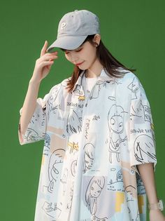 White Cartoon Print Shirt M Spring Collared Printed T-shirt, Casual Collared Printed T-shirt, Oversized Half Sleeve Graphic Print Top, Casual Cotton Blouse With Graphic Print, Summer Casual Blouse With Graphic Print, Casual Summer Blouse With Graphic Print, Trendy Graphic Print Short Sleeve Shirt For Spring, Graphic Print Short Sleeve Shirt For Day Out, Short Sleeve Graphic Print Shirt For Day Out